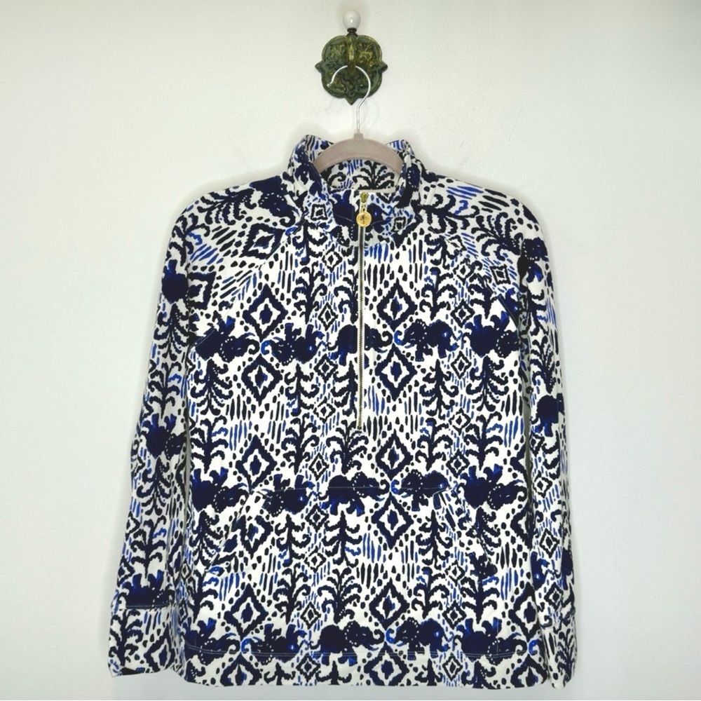 Lilly Pulitzer White Blue Ikat Elephant Print 1/4 Zip Pullover Women Size Small